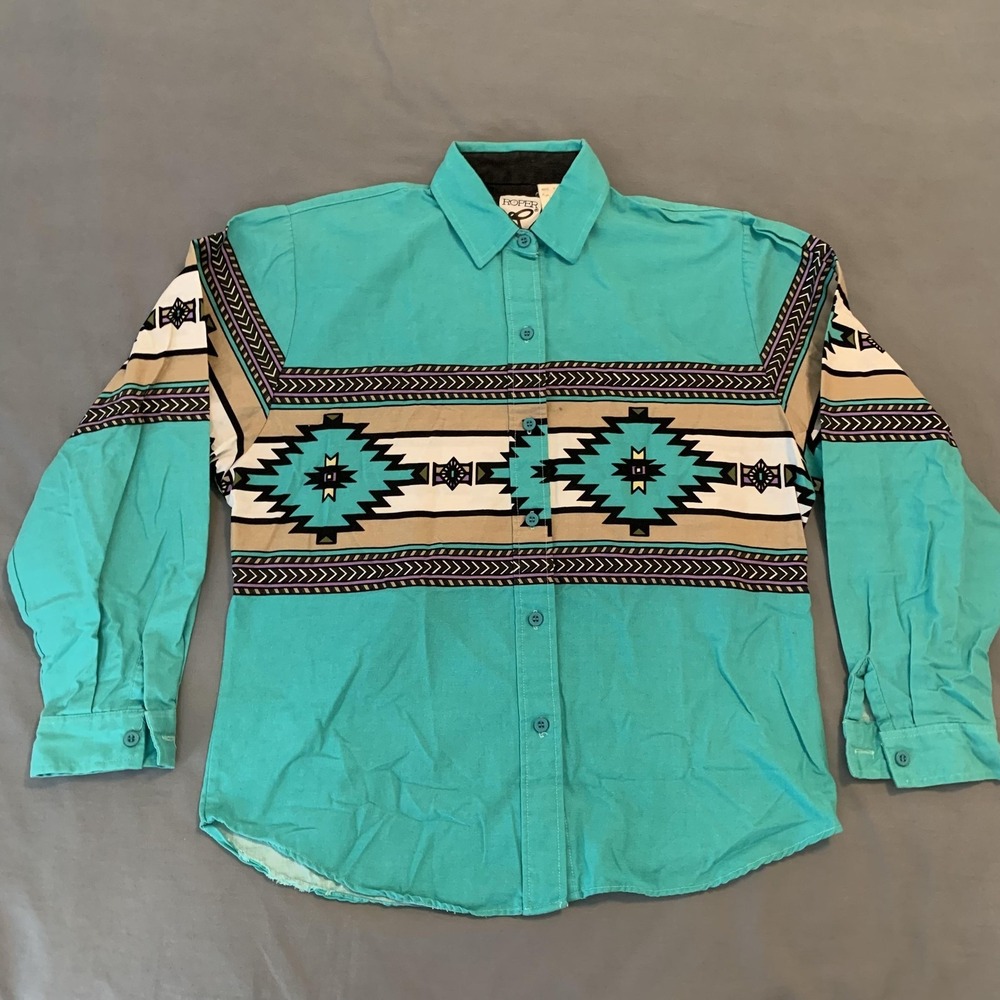 Vintage Roper Shirt‎ Woman's XS Teal Aztec Western Button Front Made USA 90s